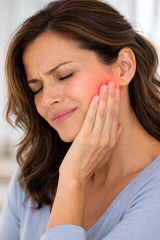 Woman experiencing TMJ jaw pain near the ear and jaw joint